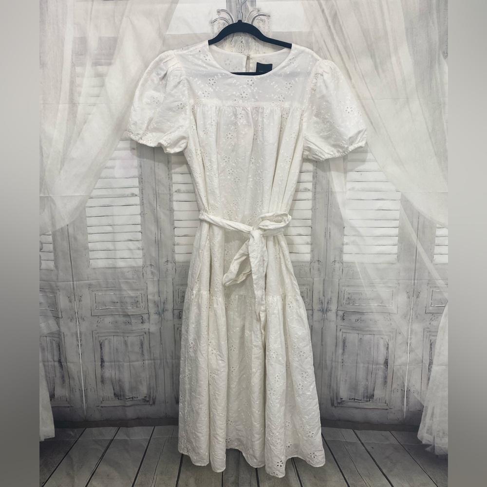 Alex Marie Size 12 White Eyelet Puff Sleeve Midi Dress Belt 100% Cotton A-Line